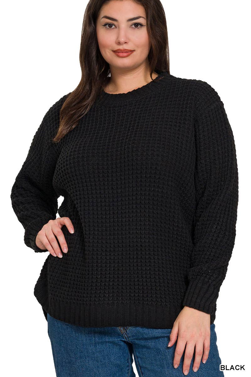 Plus Sized High/Low Basic Waffle Sweater in Black