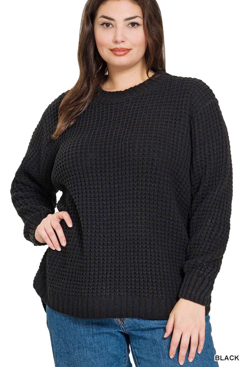 Plus Sized High/Low Basic Waffle Sweater in Evergreen