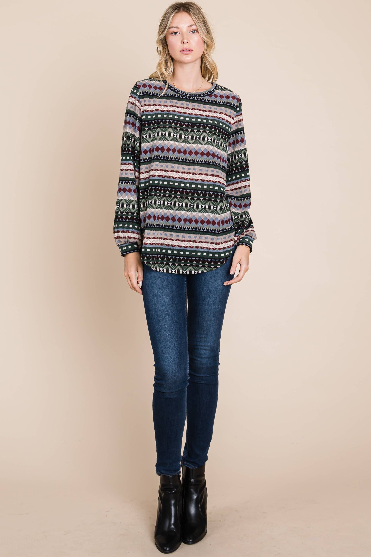 Holiday Vibes Mid-weight Knit Top in Olive and Berries