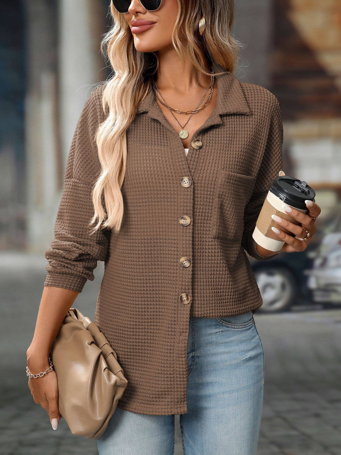 Waffle Knit Button-Up Shirt – Casual Fall Cardigan in Milk Chocolate