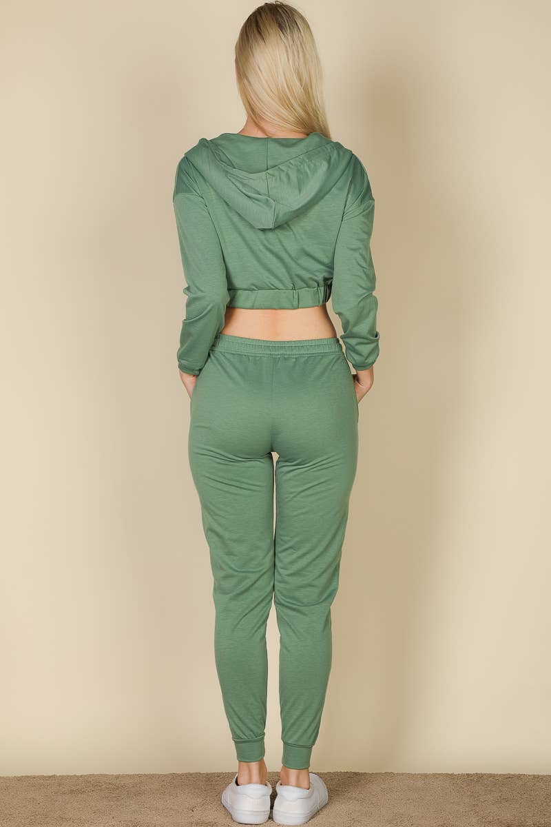 French Terry Cropped Cami with Cropped Zip-up Hoodie and Joggers Set in Black