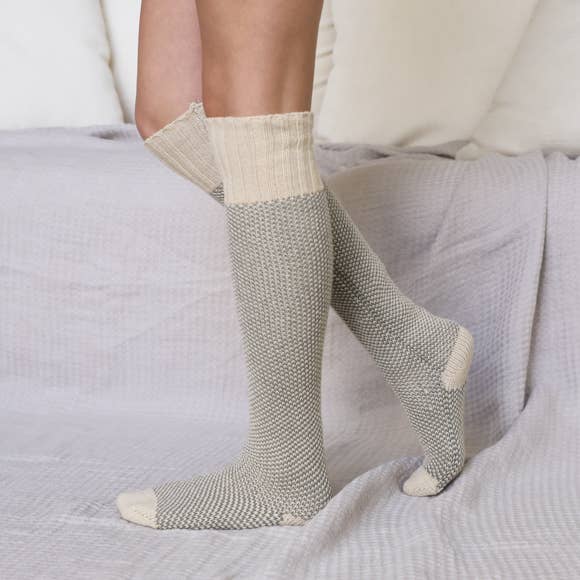 Warm & Soft Open Work Knit Lounge Socks in Sage and Sand
