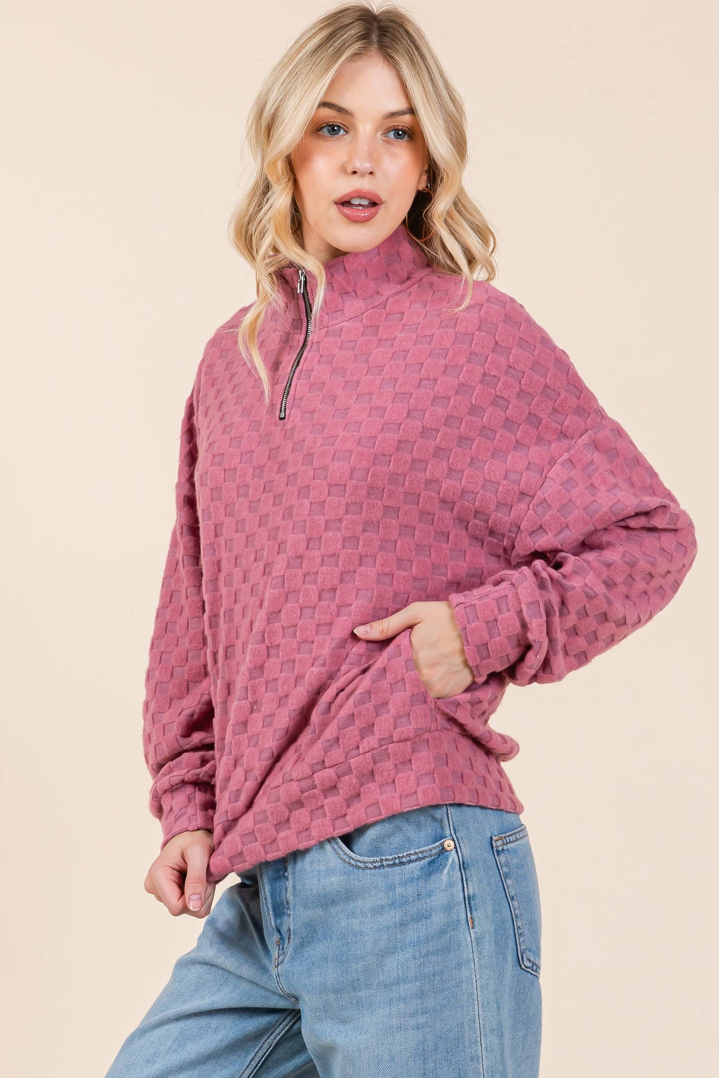 Fuzzy Checkered 1/4 Zip Sweatshirt