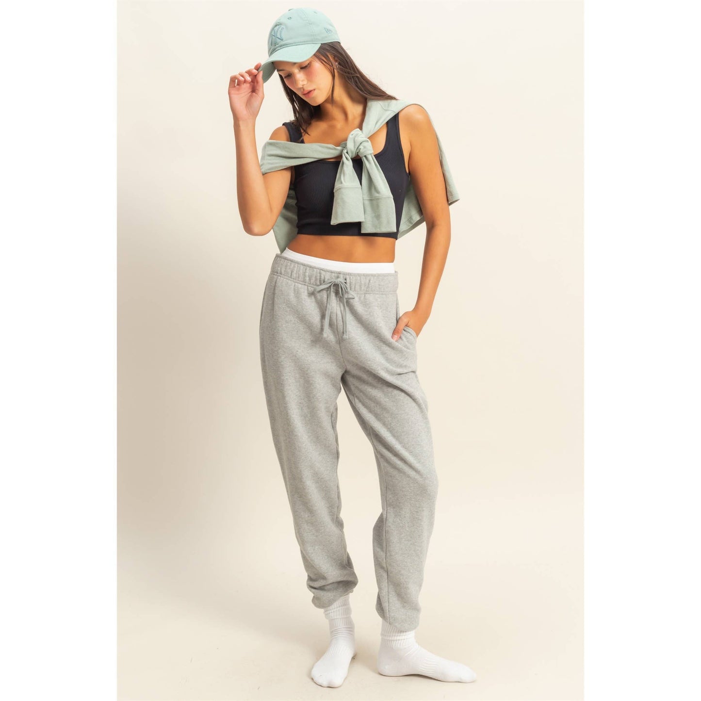Mid-Rise Drawstring Sweatpants in Heather Grey