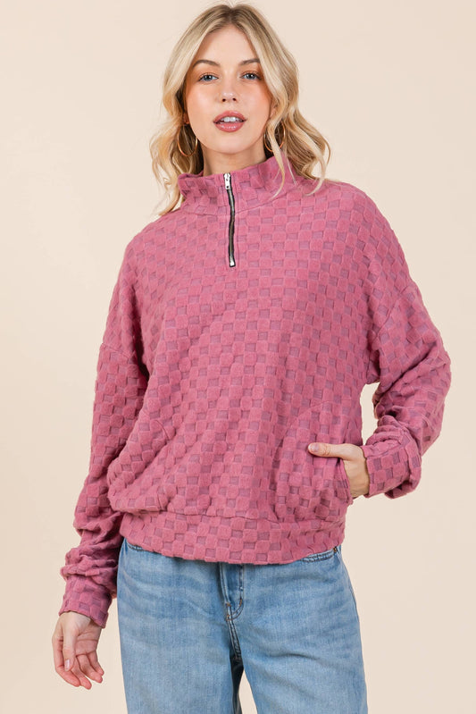 Fuzzy Checkered 1/4 Zip Sweatshirt