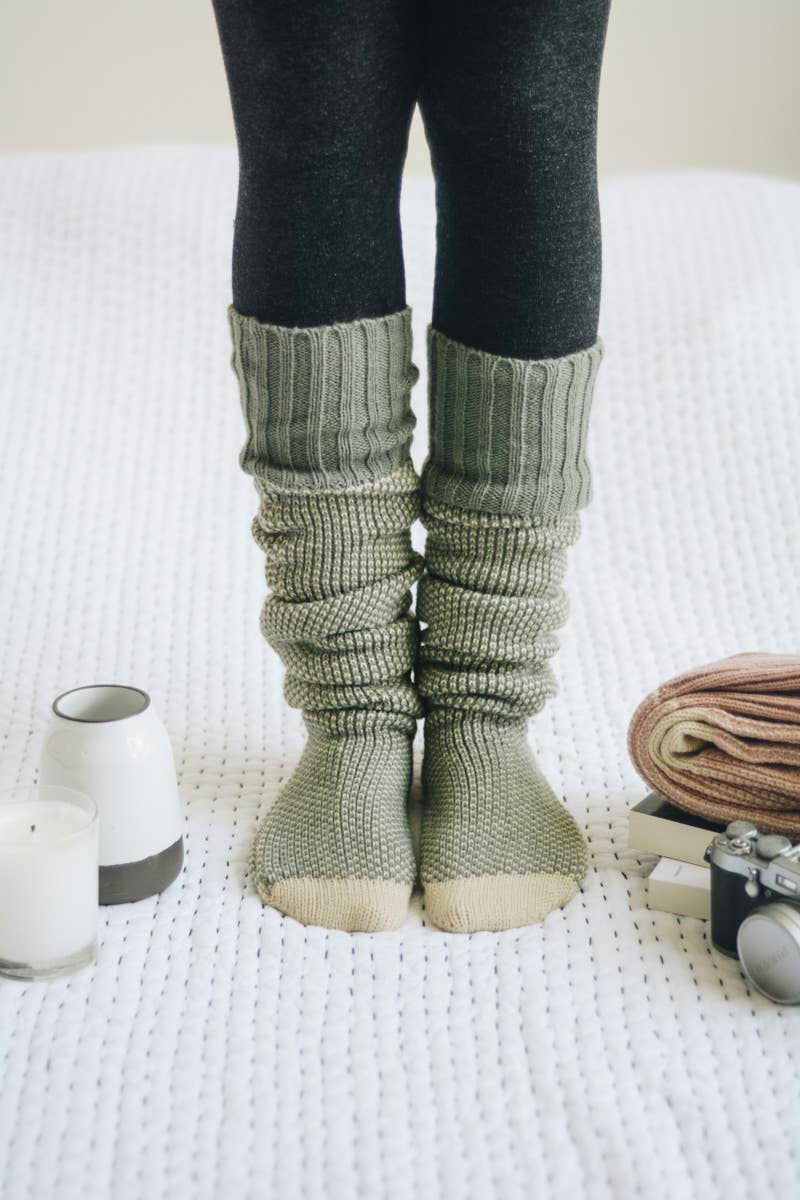 Warm & Soft Open Work Knit Lounge Socks in Sage and Sand