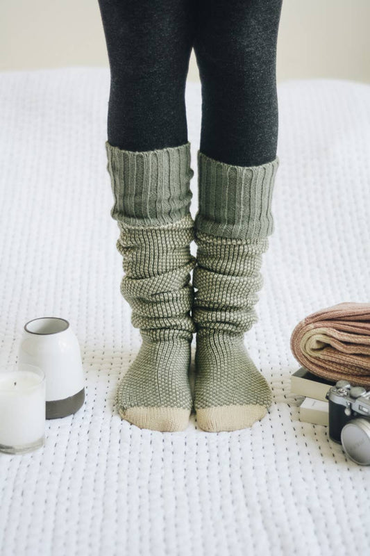 Warm & Soft Open Work Knit Lounge Socks in Sage and Sand
