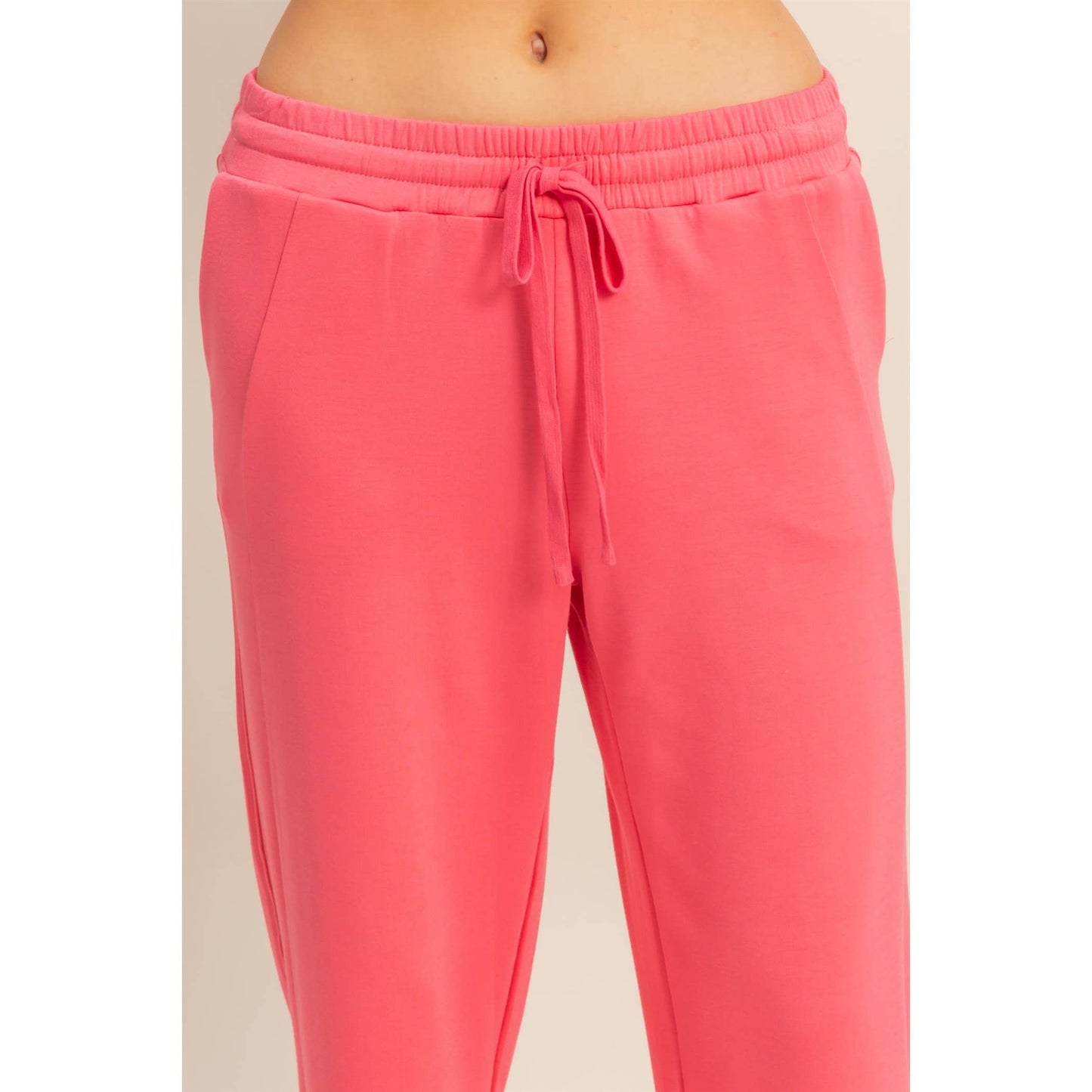 Double Knit High-Waist Wide-Leg Drawstring Sweatpants in Taffy Pink