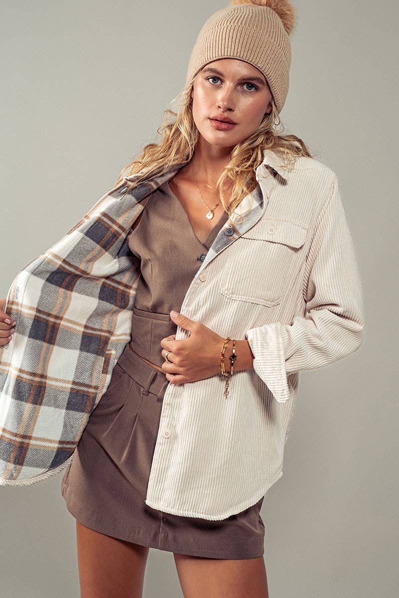 Plaid Lined Corduroy Flannel Shacket in Cream
