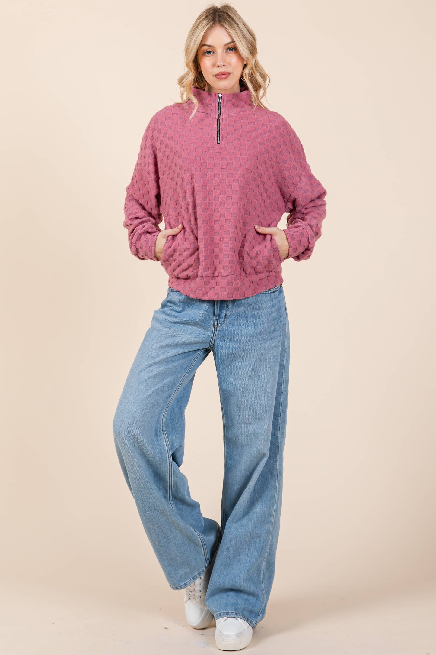 Fuzzy Checkered 1/4 Zip Sweatshirt