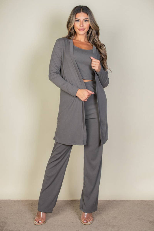3 Pieces : Cami Top, Pants and Long Cardigan Set in Dove Grey