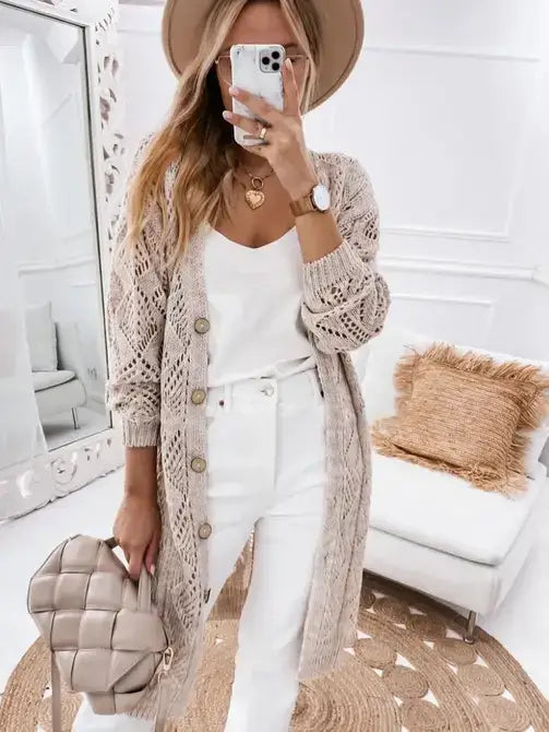 Openwork Knit Cardigan Sweater in Sand