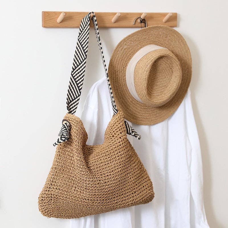 Woven Shoulder Bag with Striped Handle