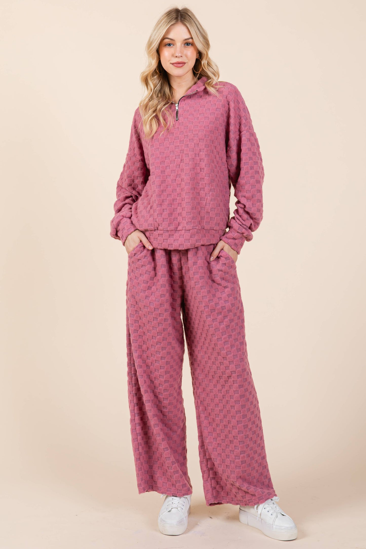 Fuzzy Checkered 1/4 Zip Sweatshirt