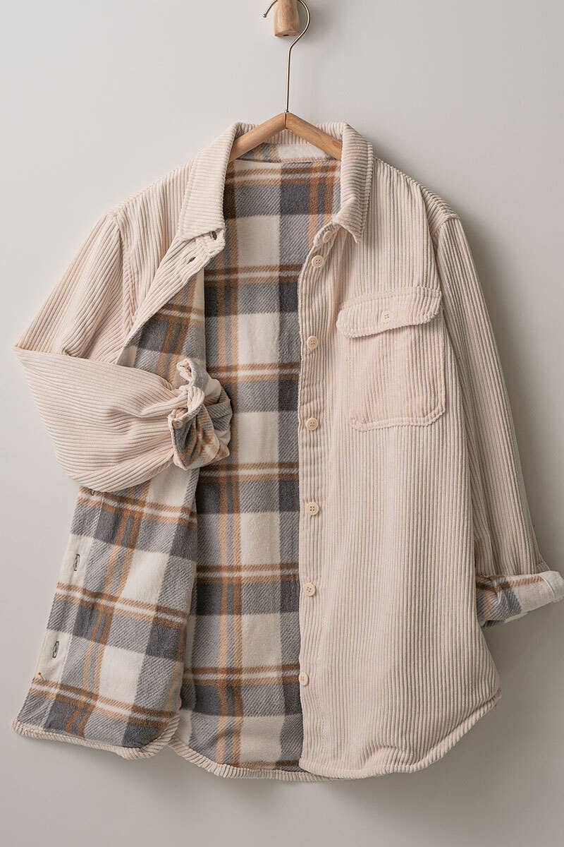 Plaid Lined Corduroy Flannel Shacket in Cream