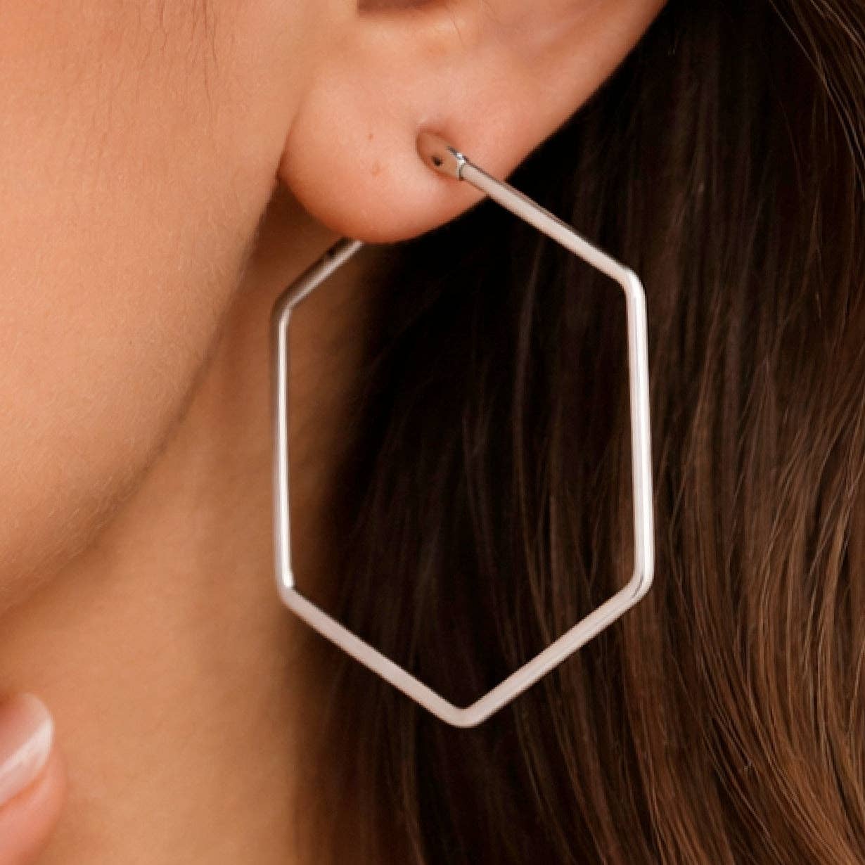 Silver Hexagon Hoop Earrings