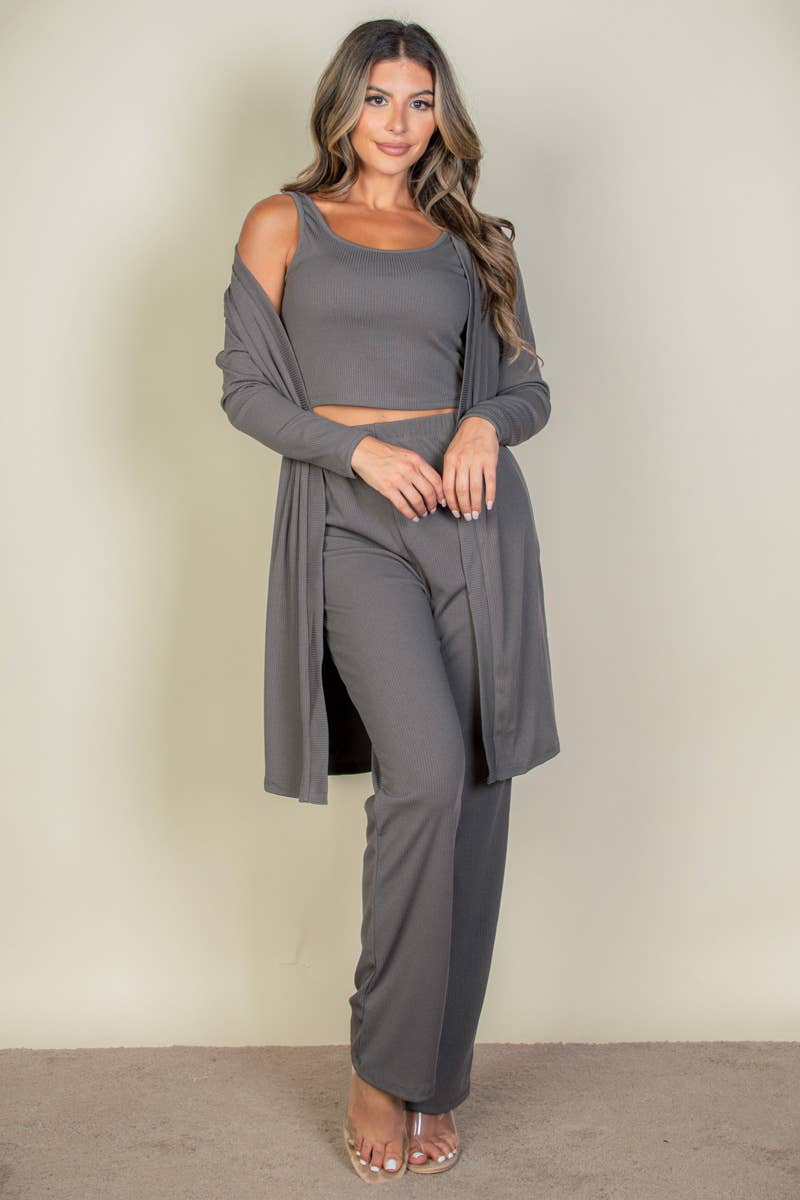 3 Pieces : Cami Top, Pants and Long Cardigan Set in Dove Grey