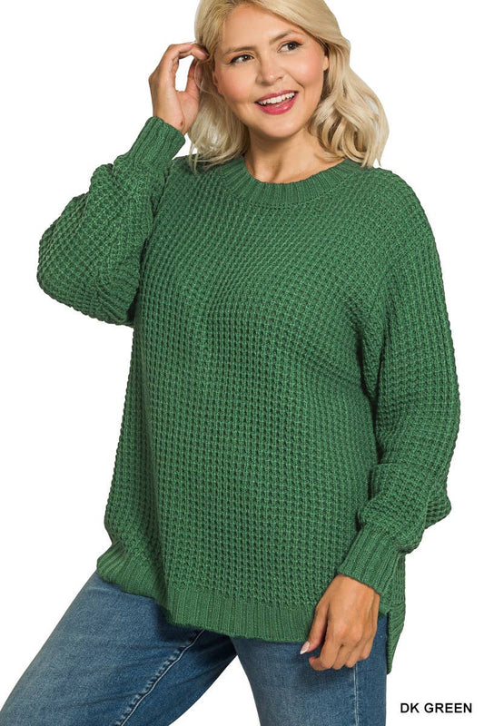 Plus Sized High/Low Basic Waffle Sweater in Evergreen