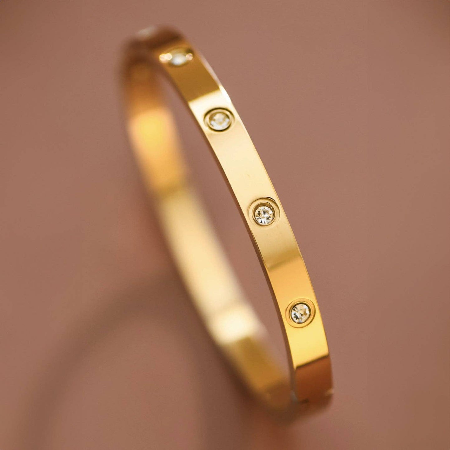 18K Gold Plated Solid Bangle with "Diamonds"