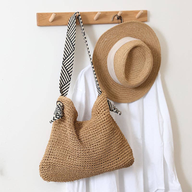 Woven Shoulder Bag with Striped Handle