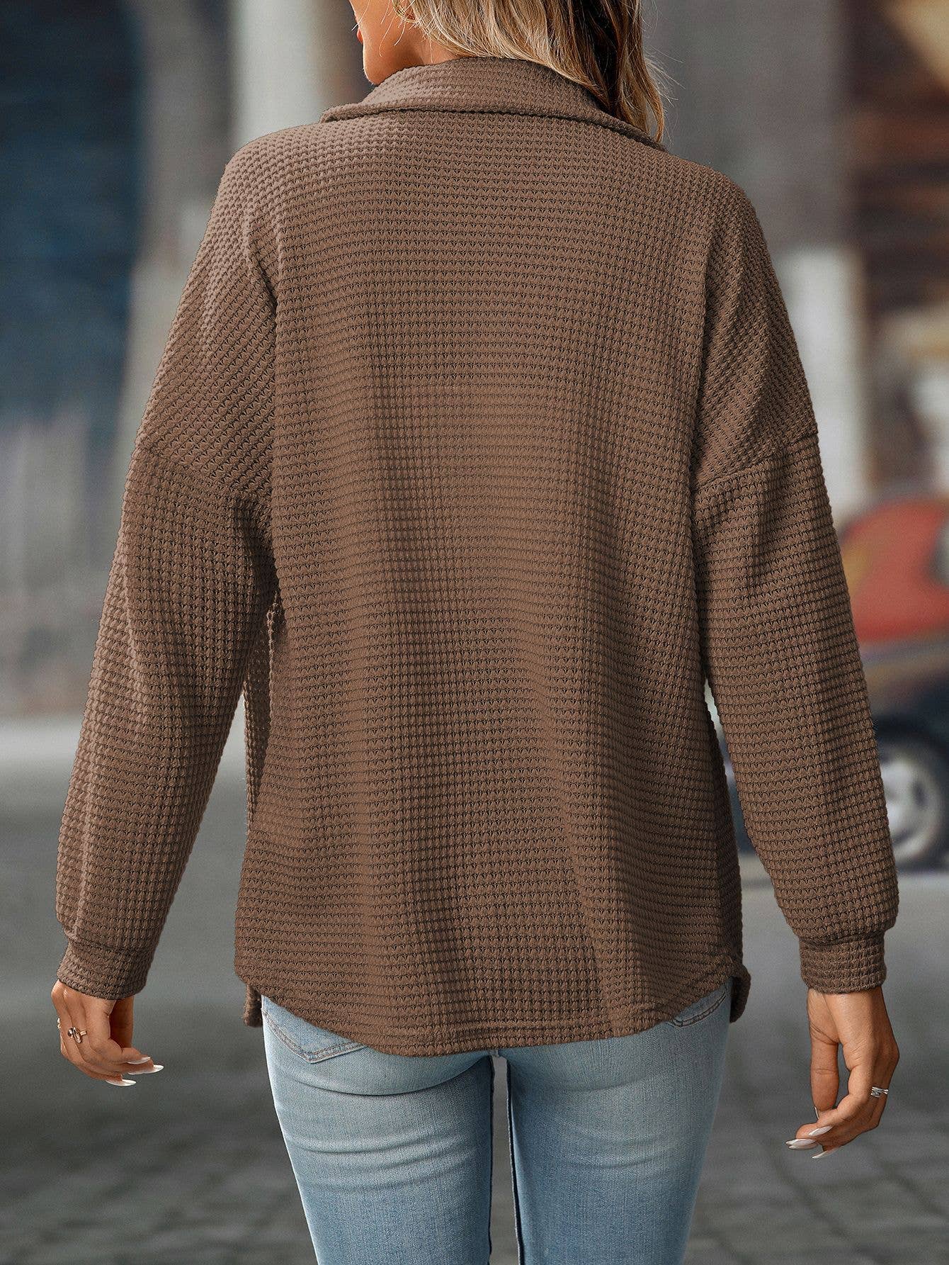 Waffle Knit Button-Up Shirt – Casual Fall Cardigan in Milk Chocolate