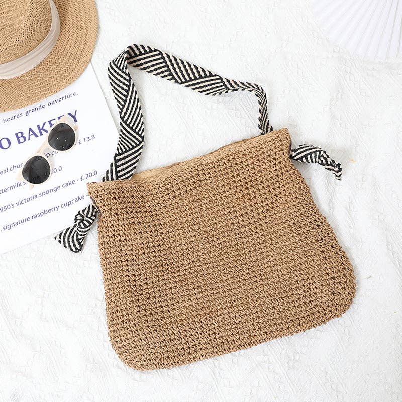 Woven Shoulder Bag with Striped Handle