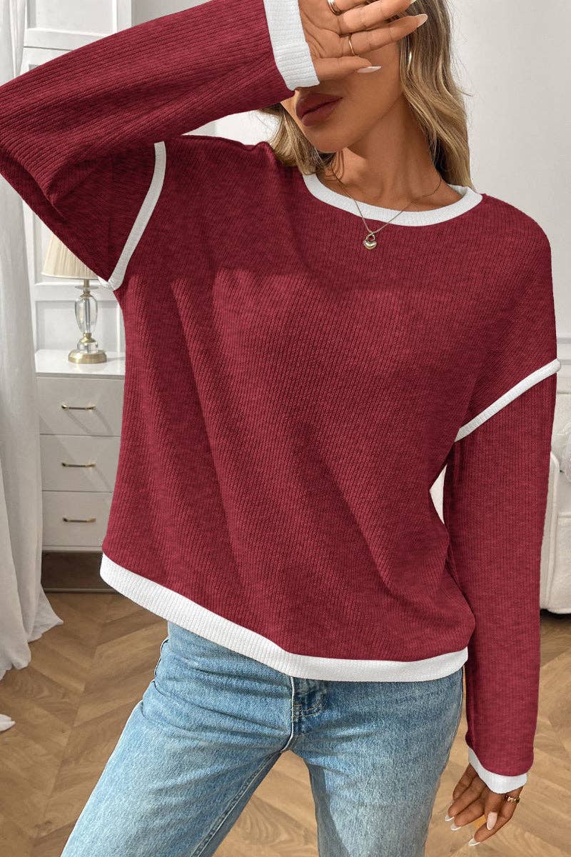 Color Block Crewneck Sweater in Iced Cherry