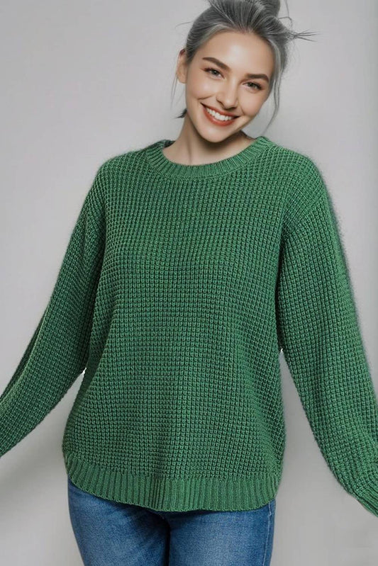 High/Low Basic Waffle Sweater in Evergreen