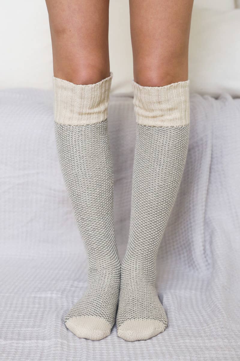 Warm & Soft Open Work Knit Lounge Socks in Sage and Sand