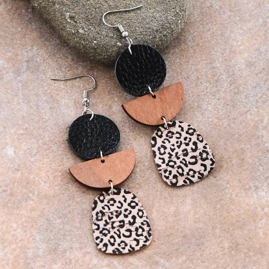 Leopard Printed Cork Earrings with Wood & Leather - 6423: S0OX3T6423