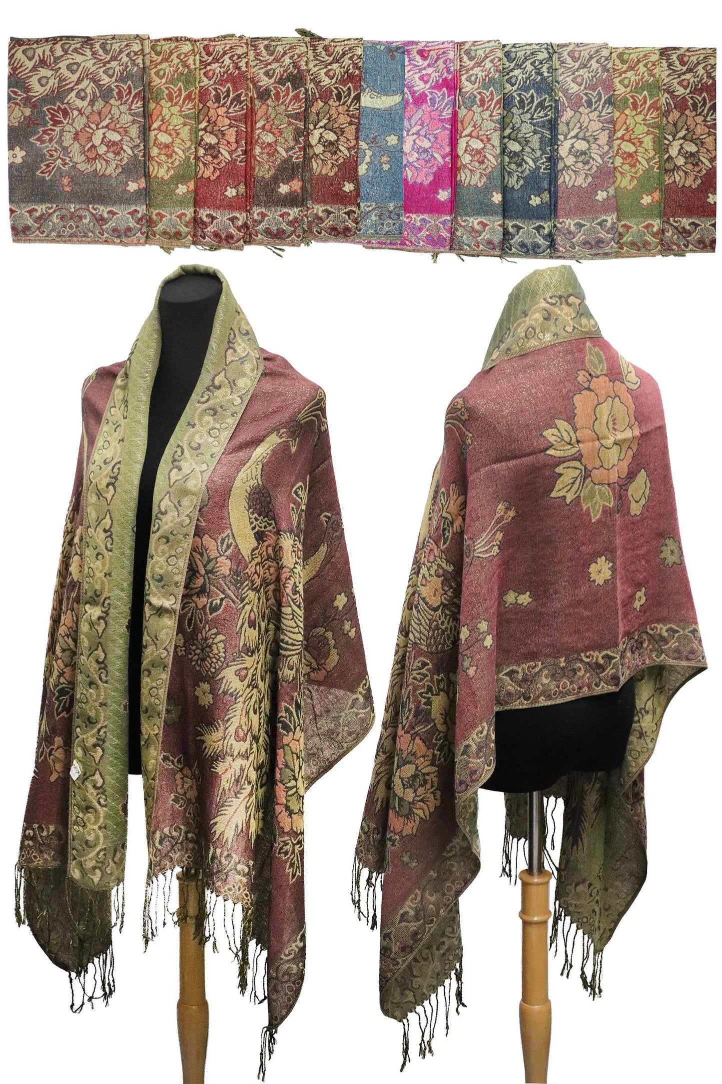 Peacock Peony Floral Metallic Pashmina Shawl Scarf