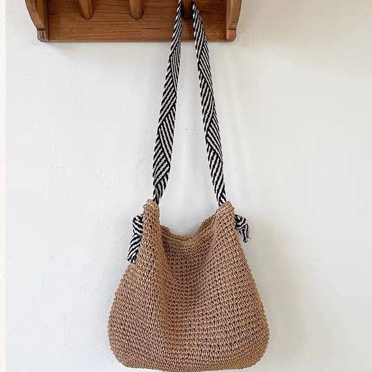 Woven Shoulder Bag with Striped Handle