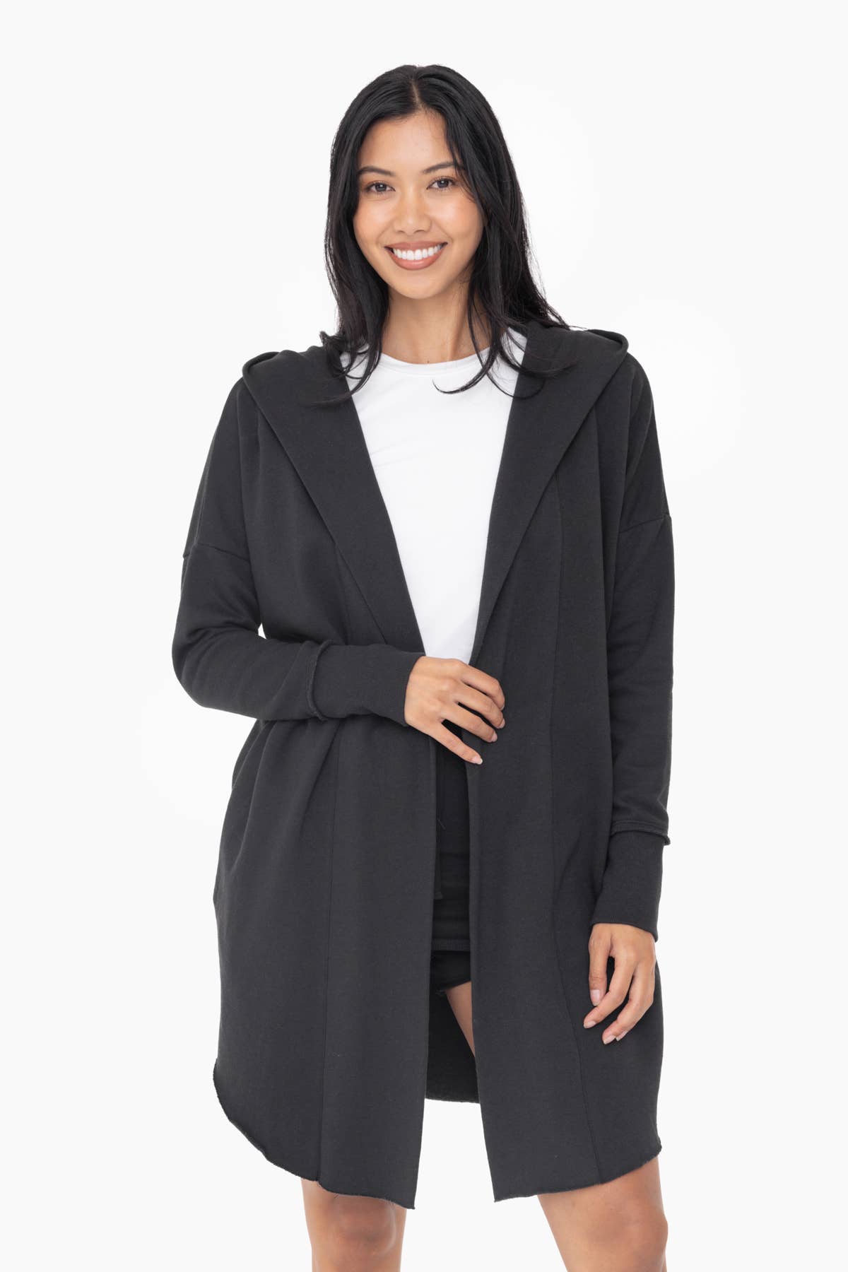Open Front Hooded Sweatshirt Cardigan in Black