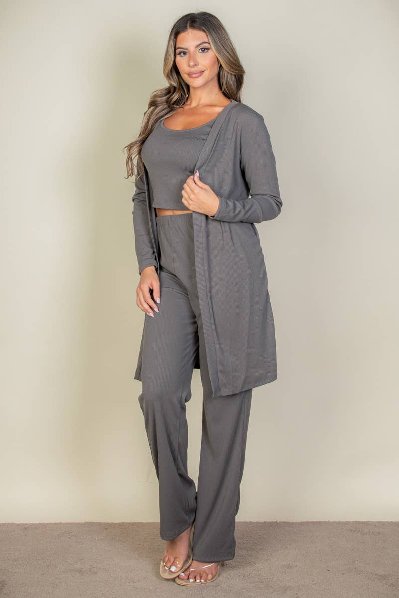 3 Pieces : Cami Top, Pants and Long Cardigan Set in Dove Grey
