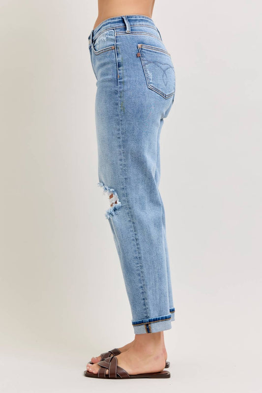 Judy Blue Boyfriend Jean with Destroyed Knee & Folded Cuff