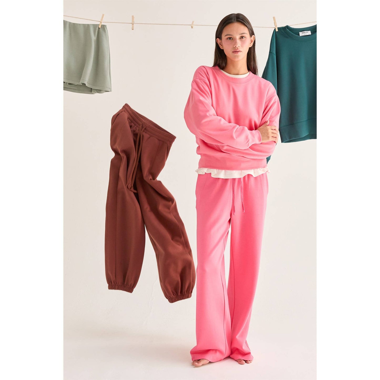 Double Knit High-Waist Wide-Leg Drawstring Sweatpants in Taffy Pink