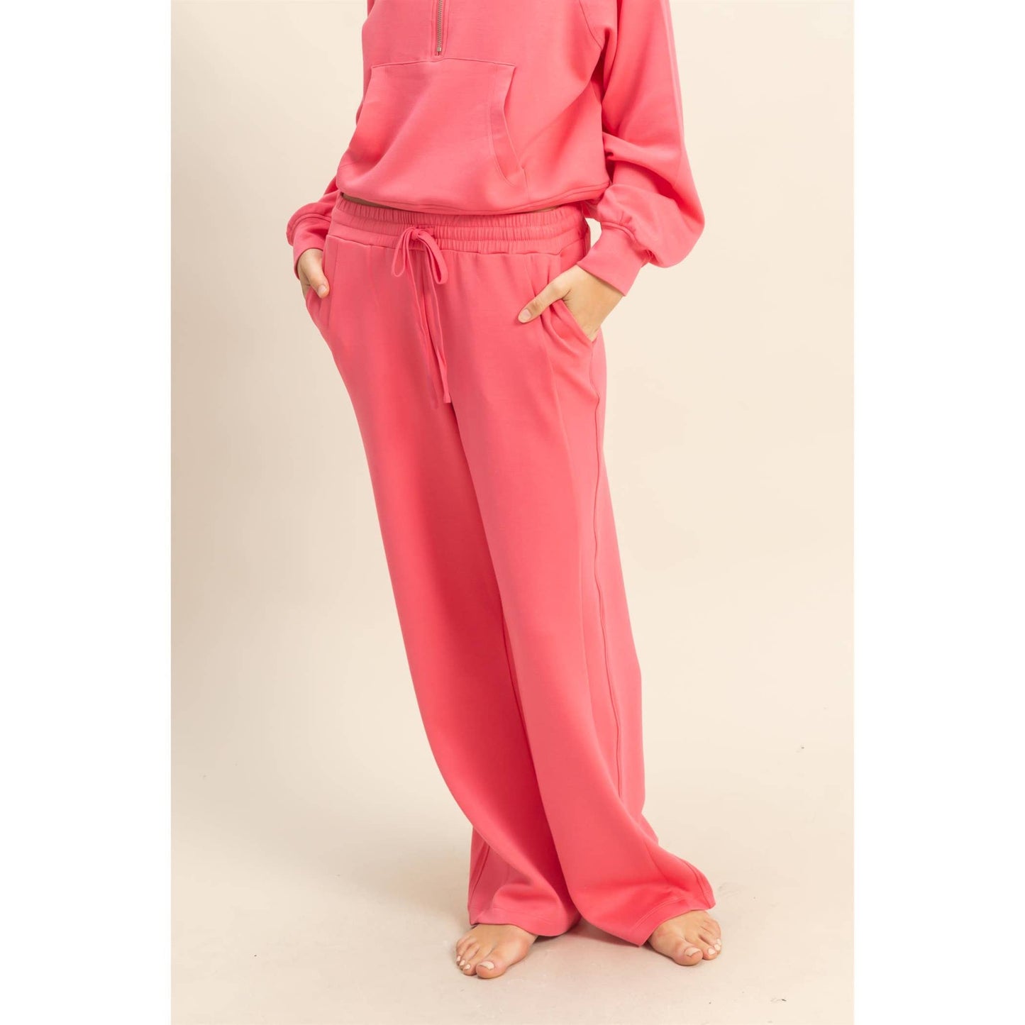Double Knit High-Waist Wide-Leg Drawstring Sweatpants in Taffy Pink