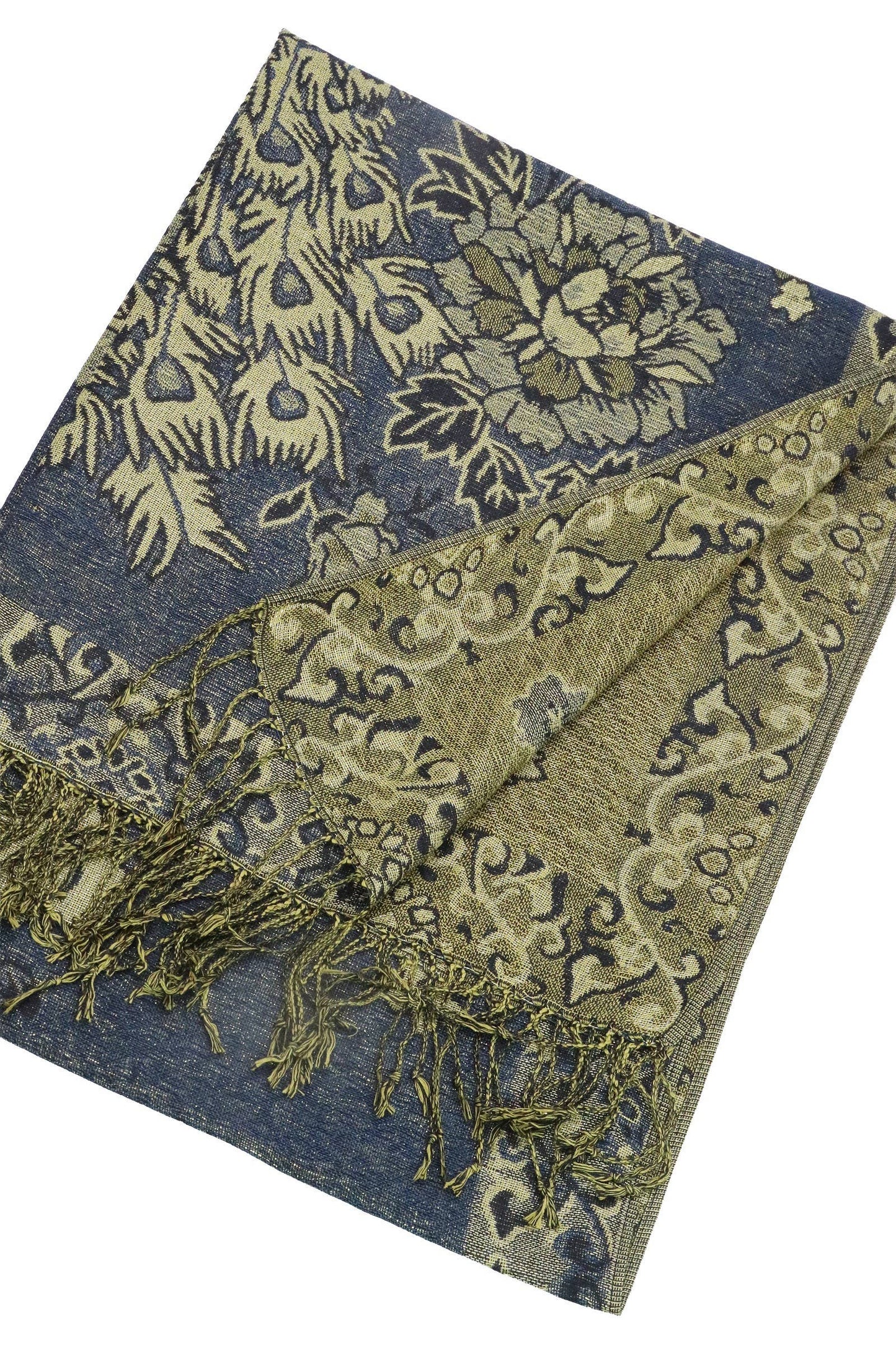 Peacock Peony Floral Metallic Pashmina Shawl Scarf