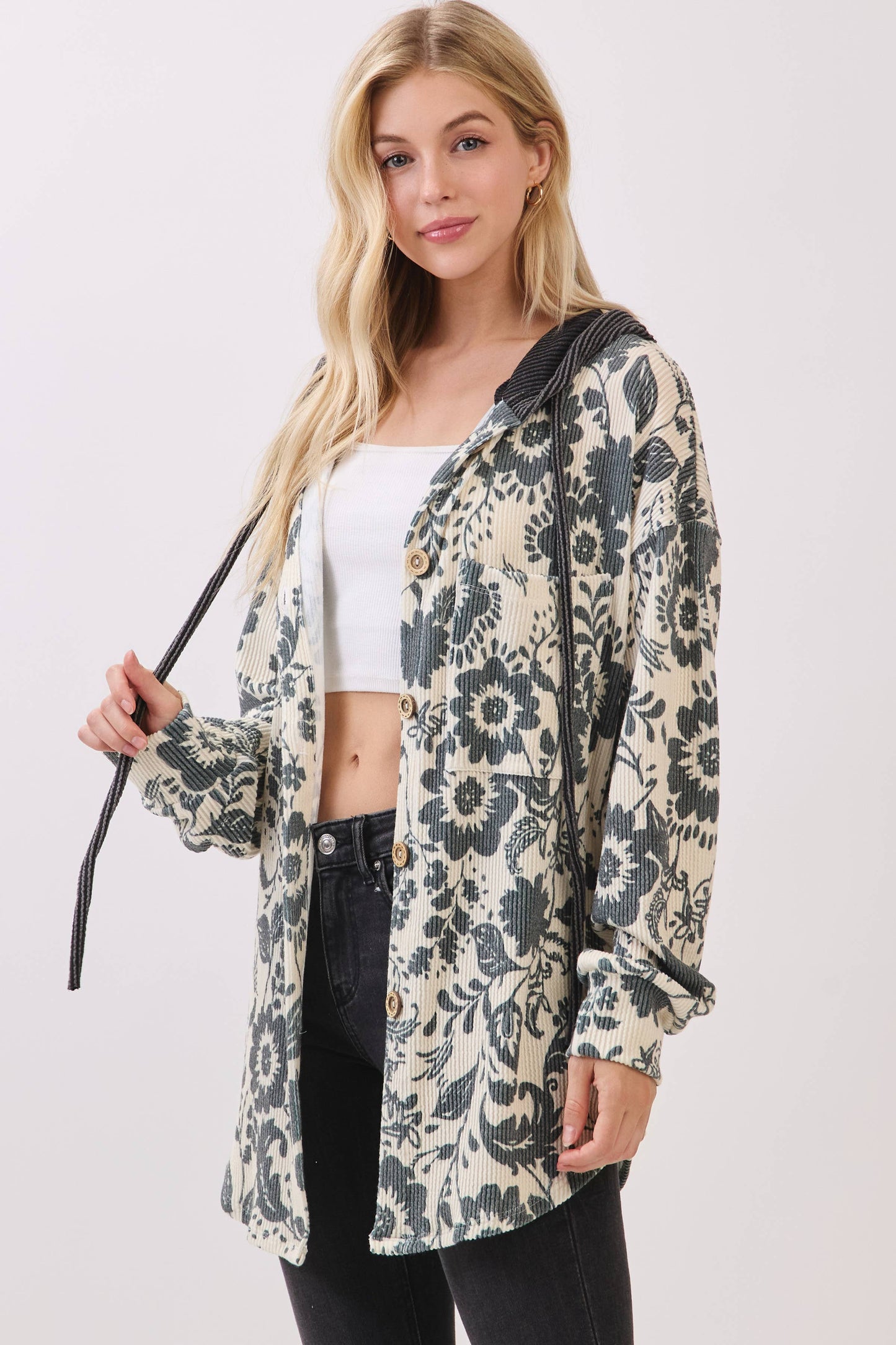 Floral Ribbed Knit Hoodie Shacket