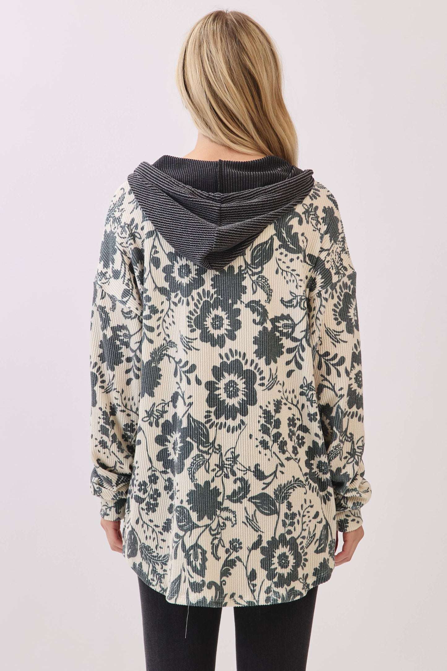 Floral Ribbed Knit Hoodie Shacket