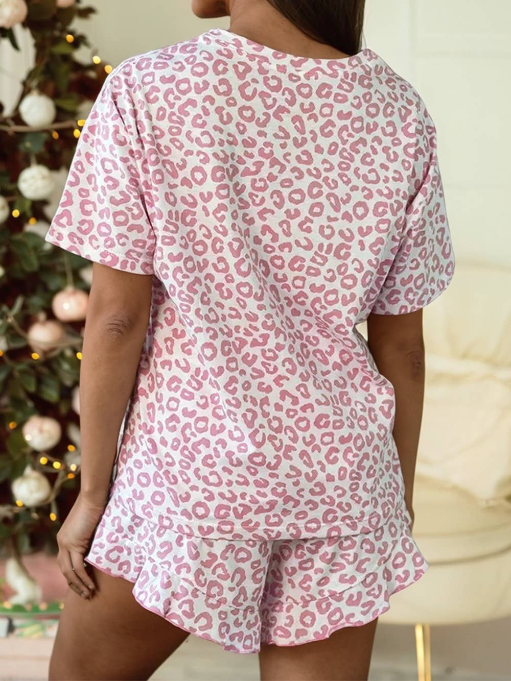 Leopard Tee and Ruffled Shorts 2 pcs Lounge Set