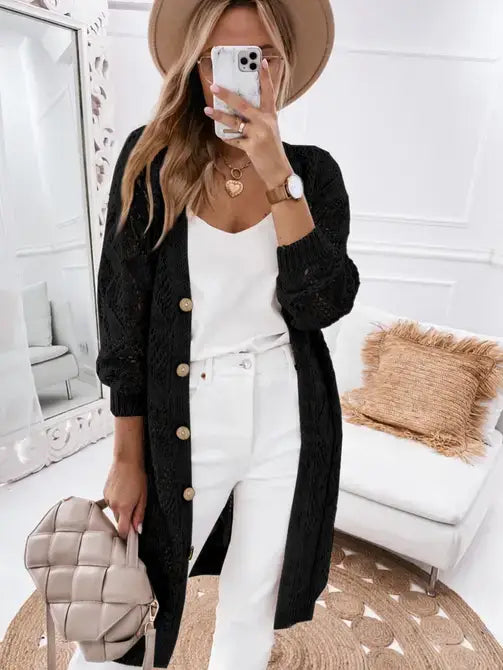Openwork Knit Cardigan Sweater in Sand