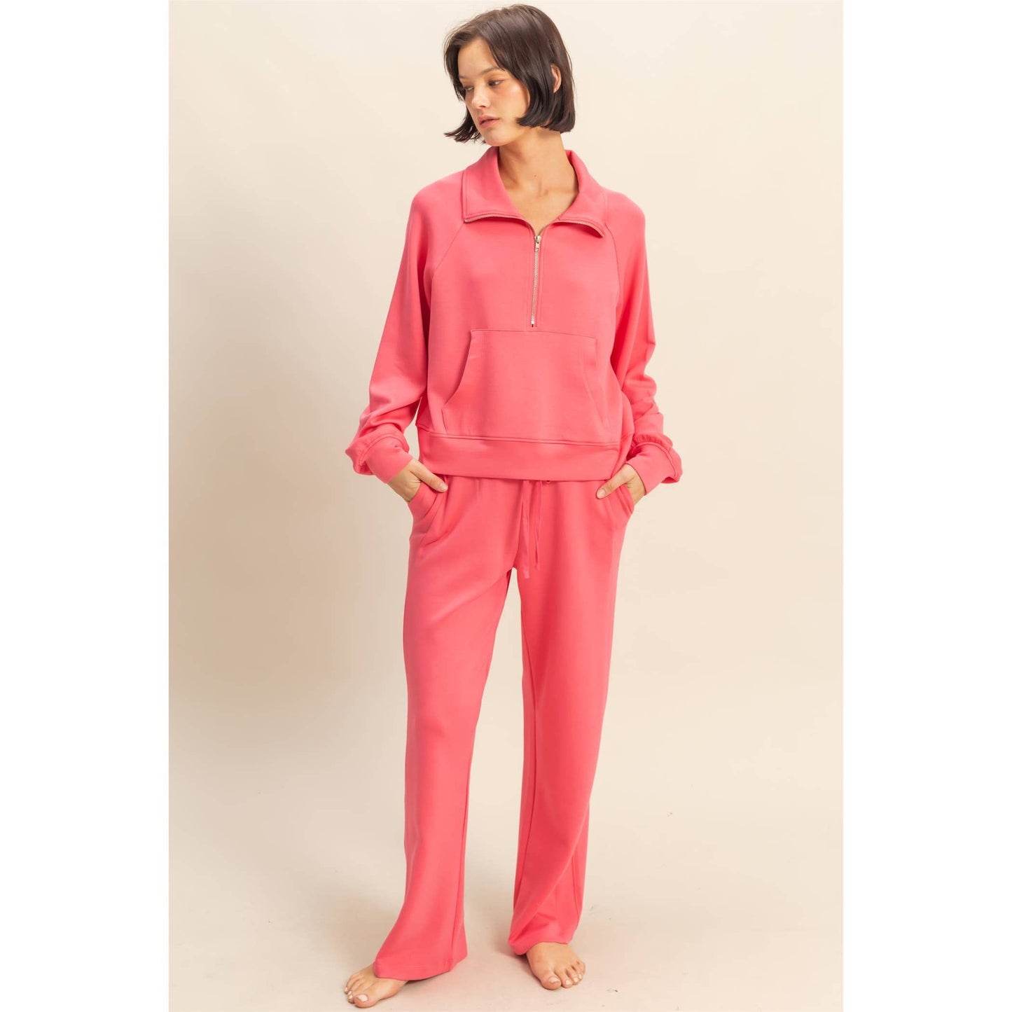 Double Knit High-Waist Wide-Leg Drawstring Sweatpants in Taffy Pink
