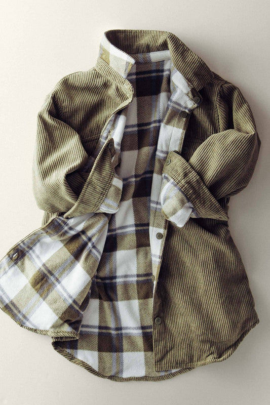 Plaid Lined Corduroy Flannel Shacket in Olive