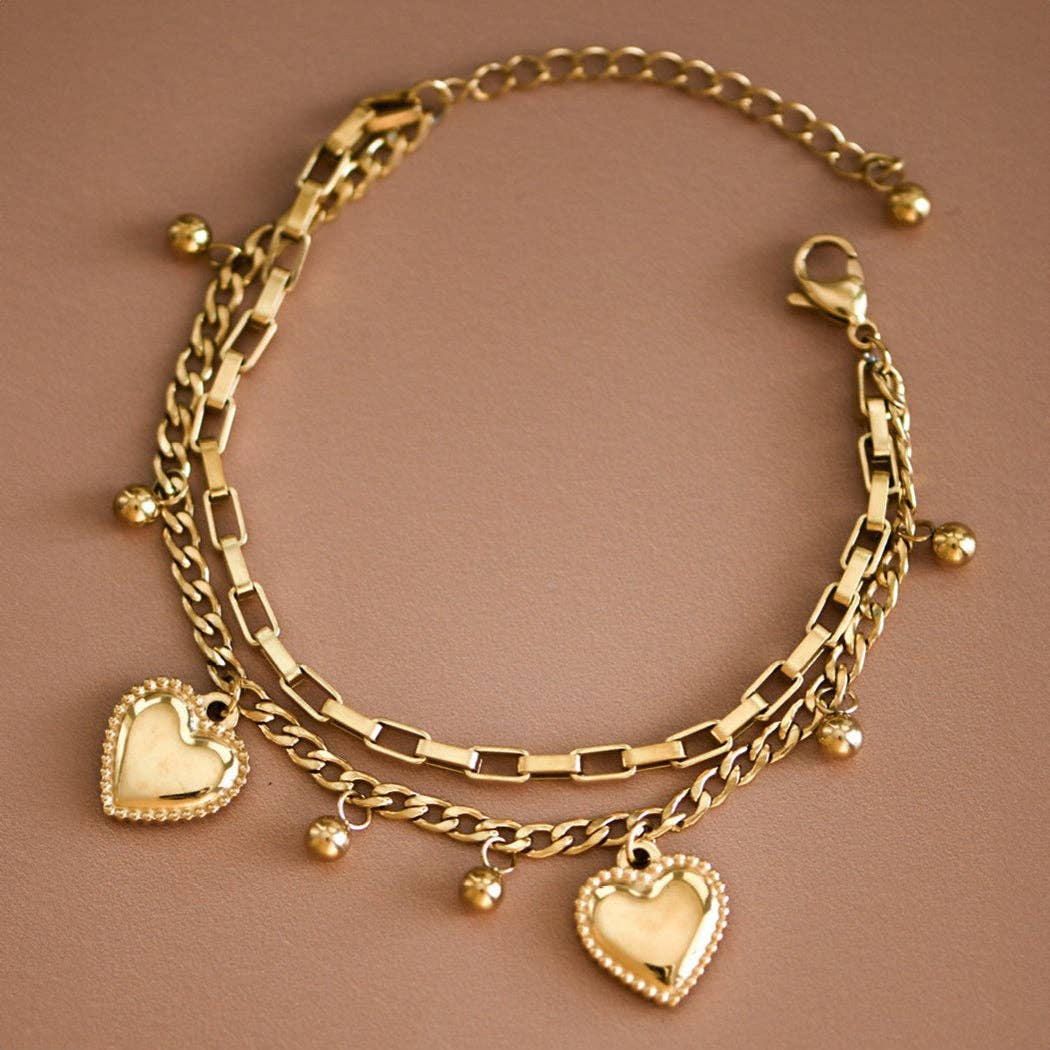 18K Gold Plated Double Chain Heart Bracelet
