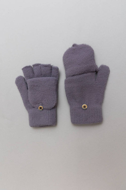 Pair of purple fingerless gloves with button closures convertible to mittens.  Fuzzy soft and comfortable. 