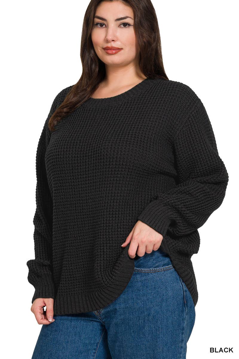 Plus Sized High/Low Basic Waffle Sweater in Evergreen