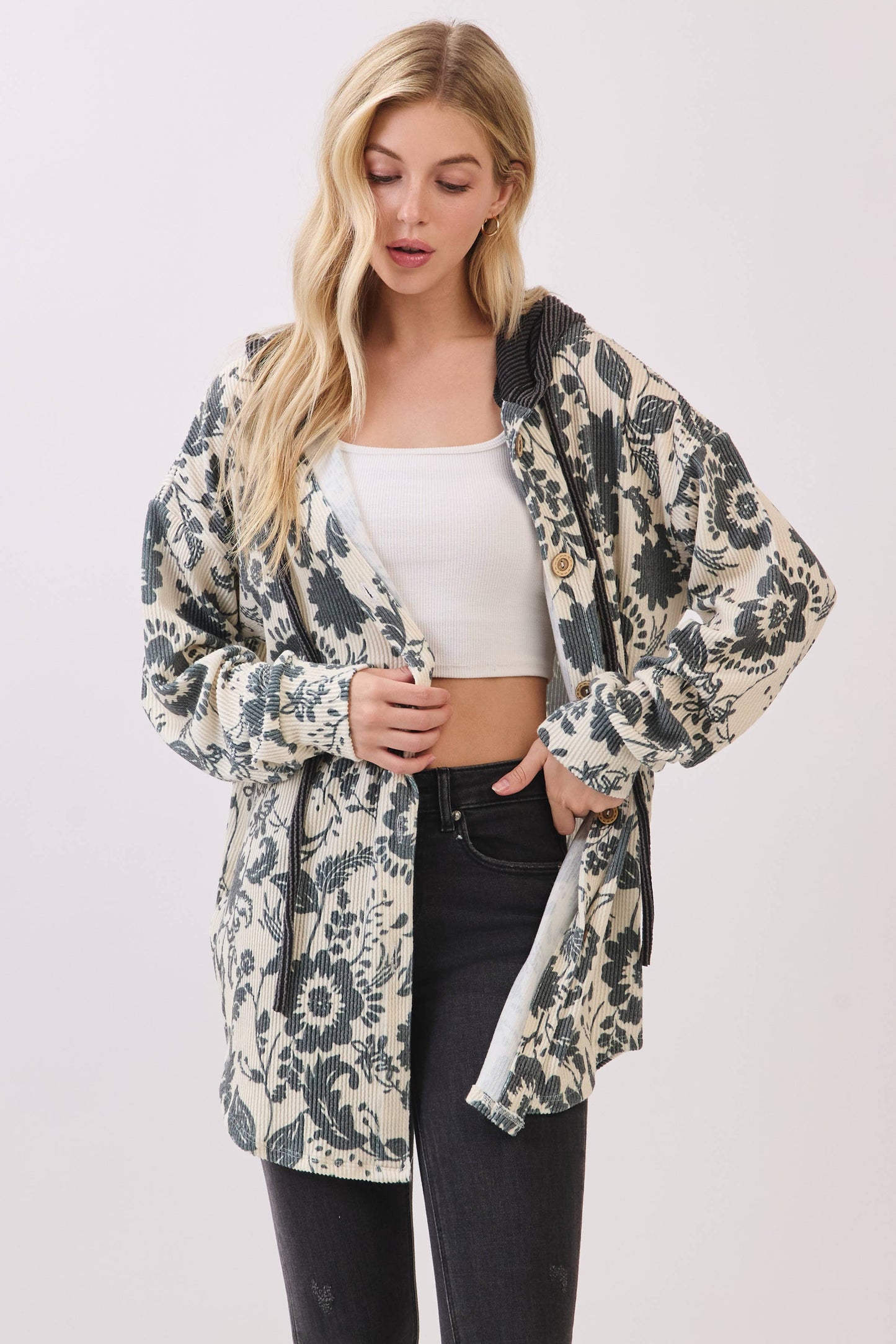 Floral Ribbed Knit Hoodie Shacket