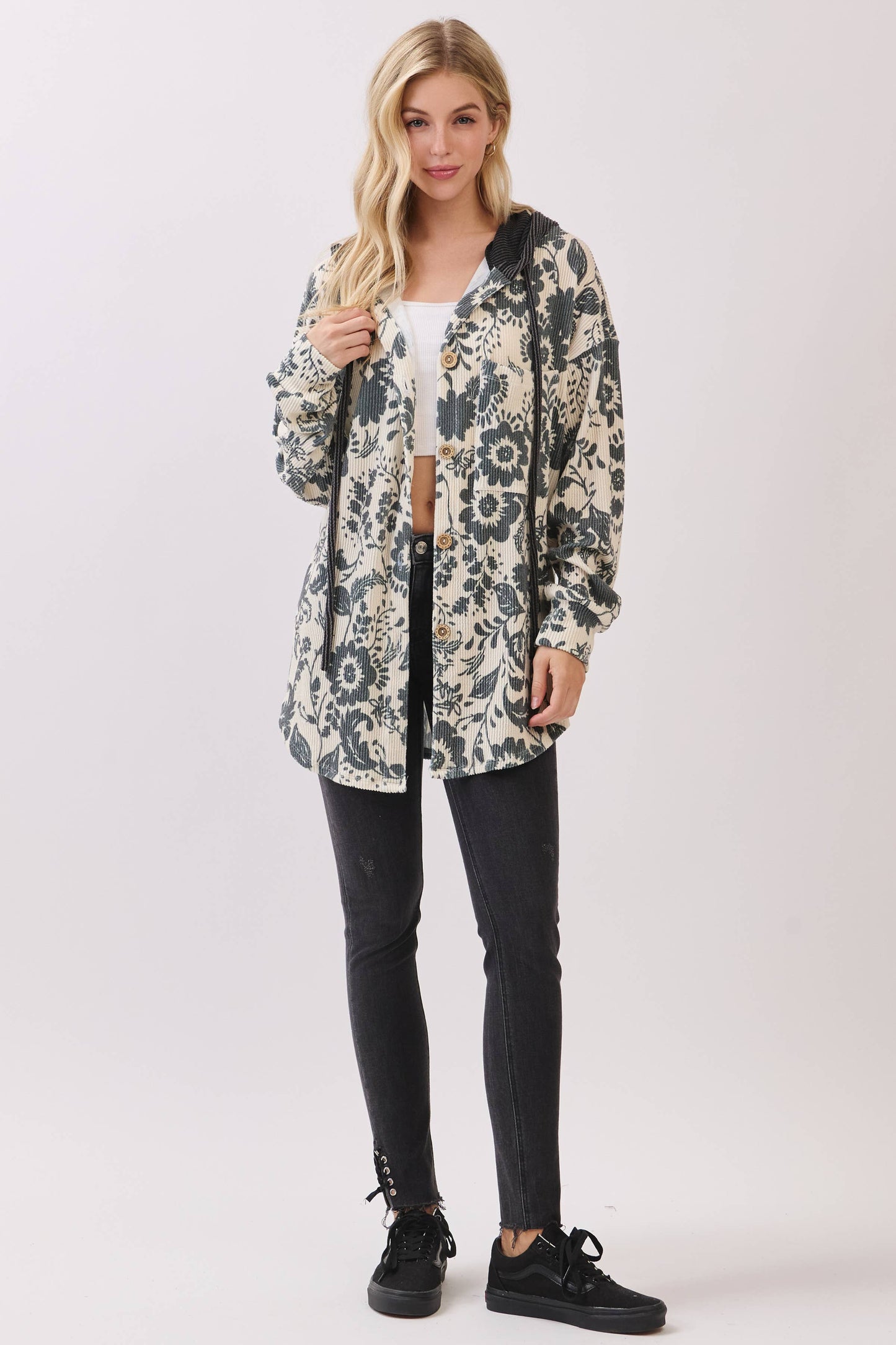 Floral Ribbed Knit Hoodie Shacket