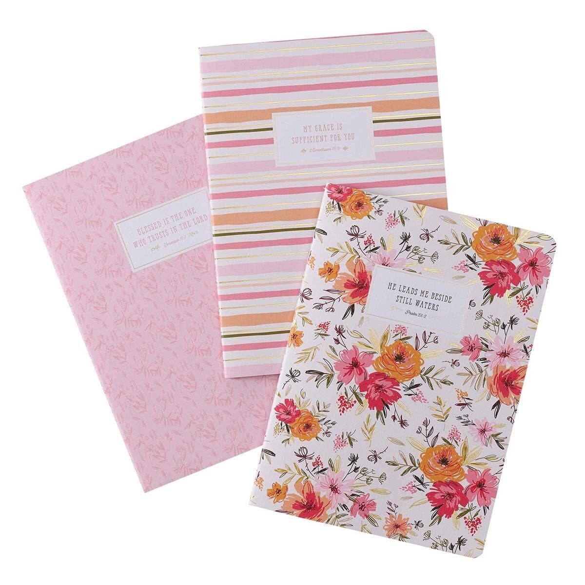 He Leads Me Pink Floral 3 Notebook Set - Psalm 23:2
